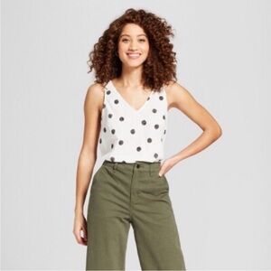 NWT A New Day polka dot v neck tank sleeveless blouse cotton linen S black cream